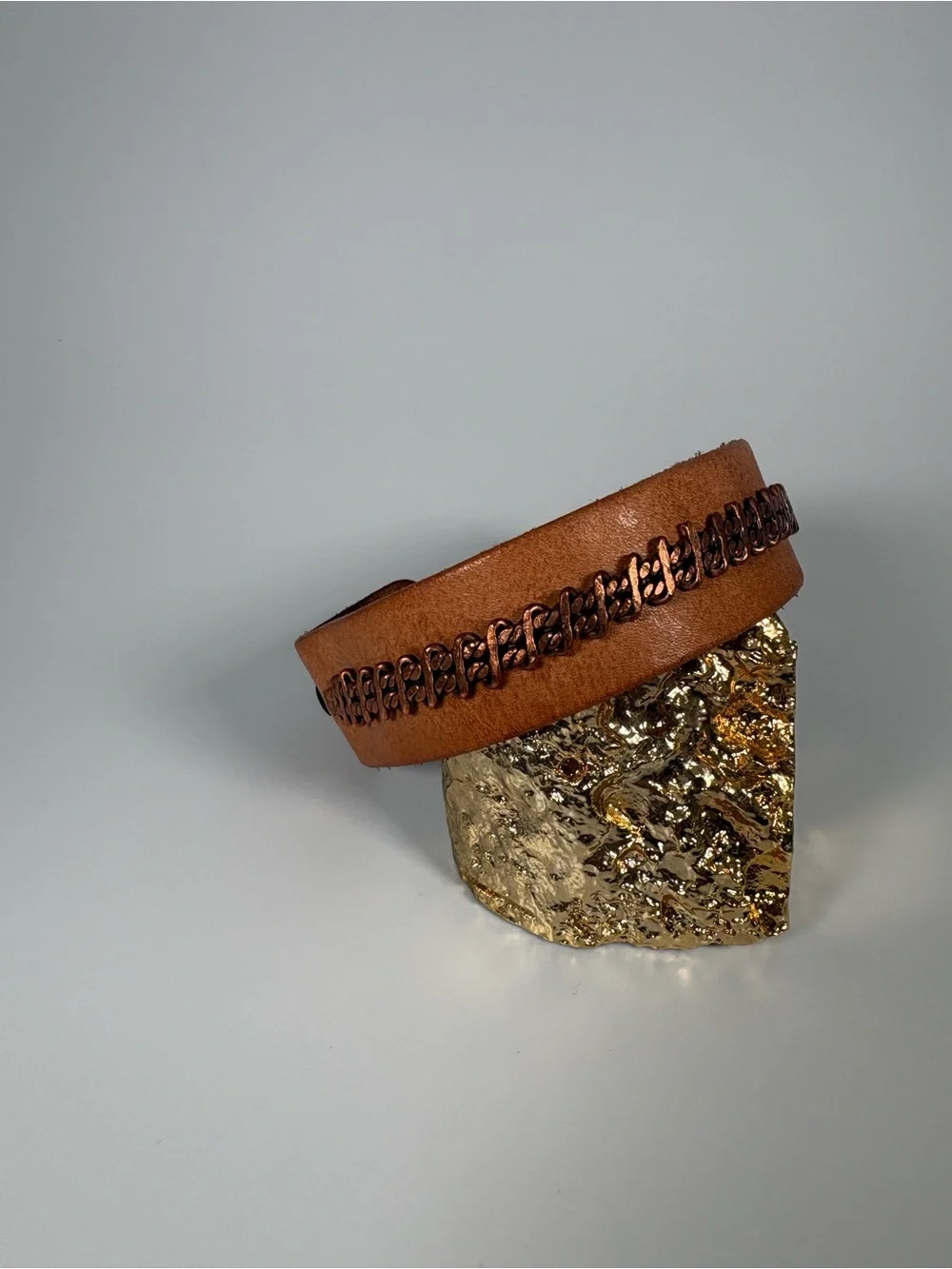 Tan Leather Bracelet with Copper Braided Accent Interior Cuff - Custom Piece